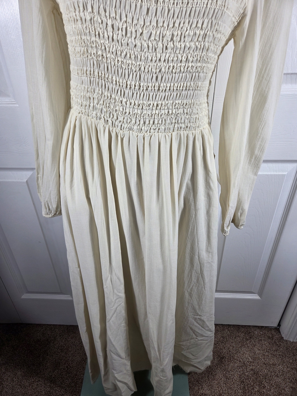 Bohme NWT Cream Smocked Midi Dress Long Sleeve Cottagecore M - Picture 2 of 14